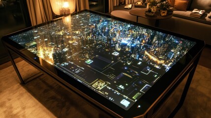 Smart table displays city at night in luxury home