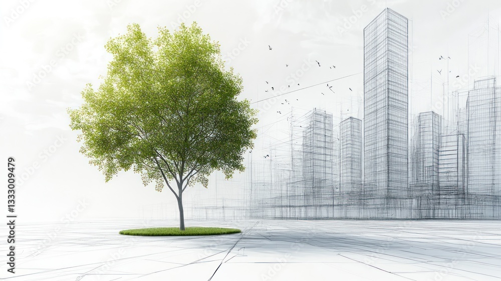 Poster drawing 3d architecture city building sketch lines with green tree on white background