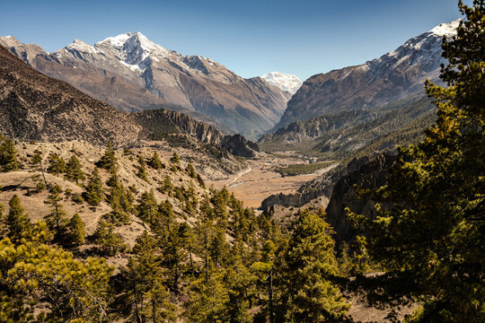 Scenic Mountain Valley View from Khangsar, Nepal in the Annapurna Region