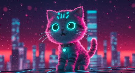 Cute Neon Glowing Cat Sitting in Futuristic Cityscape Background
