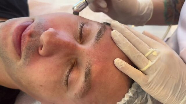 homem faz peling de diamante procedimento est&eacute;tico de pele facial