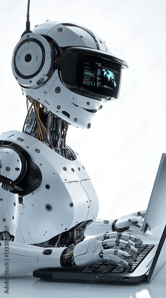 Aufkleber a futuristic humanoid robot working on a laptop, showcasing advanced technology and digital interact