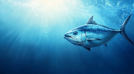 Fototapeta premium Tuna Swimming Gracefully Underwater with Light Rays in Ocean Scenery