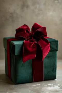 elegant dark green gift box, caja de regalo verde oscuro con lazo de terciopelo rojo, en fondo blanco vaco mide x mm, un regalo sofisticado