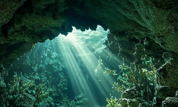 Sunbeams Illuminate Underwater Cave's Mystical Depths