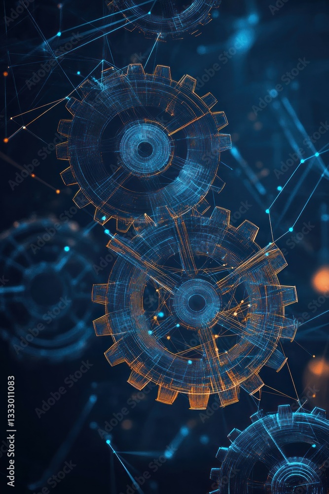 Poster abstract representation of interconnected gears and digital networks illustrating technology and inn