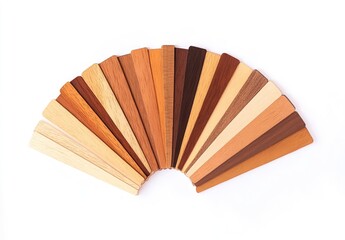 Wood veneer color swatches arranged in a fan shape.  Various shades of brown wood tones are displayed, demonstrating a wide range of wood finishes.  Ideal for interior design and furniture selection