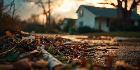 Obraz premium Leaves and debris scattered on a wet road post-storm reflect the challenges of nature while portraying resilience, change, and the cycle of life in our environment.