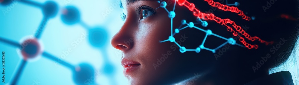 Poster female scientist analyzing biotechnology concepts with molecular structures in background
