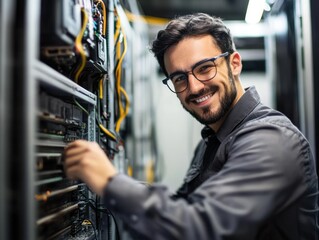 Technician working on server in data center
