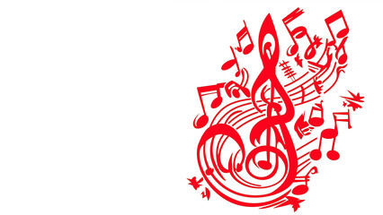 Red illustration featuring a treble clef surrounded by various musical notes isolated on white background, creating a dynamic and energetic visual representation of music, copy space, 16:9