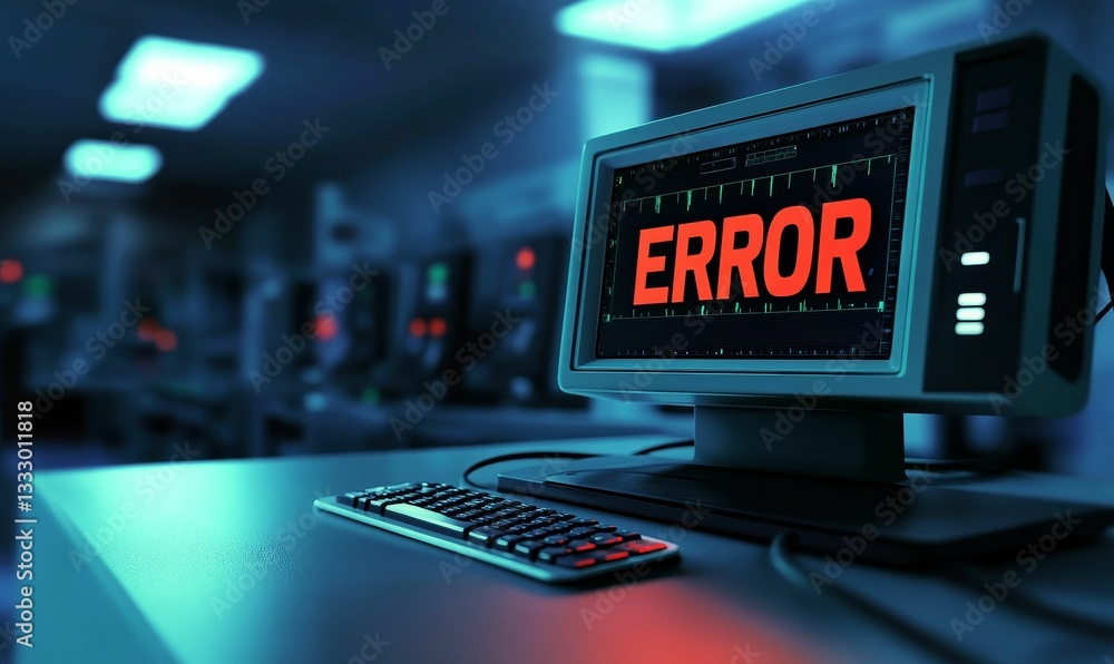 Poster computer displays ominous red error message.