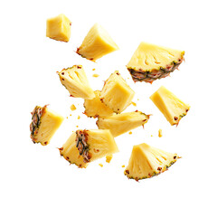 Bright Juicy Pineapple Chunks Flying Through the Air Isolated on Transparent Background