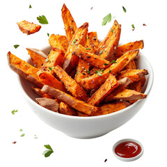 A Plate of Crispy Sweet Potato Fries with Dipping Sauce Isolated on Transparent Background