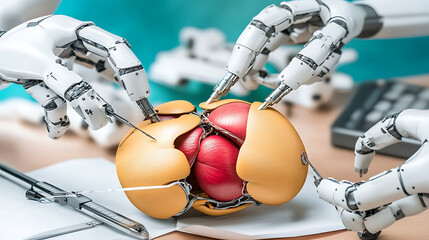 A high-tech laboratory with AI-powered robotic arms assembling artificial organs for human transplantation