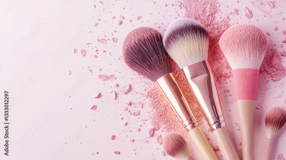 Aufkleber scattered makeup brushes with blush strokes on a light background for a minimalist aesthetic generat