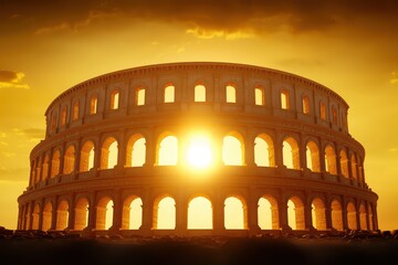 Ancient Roman Coliseum at Sunset with Dramatic Sky and Architectural Details