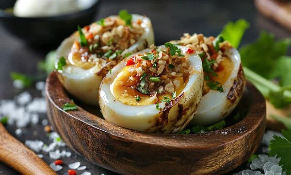 Grilled stuffed eggs served in a wooden bowl with herbs and spices on a rustic table setting