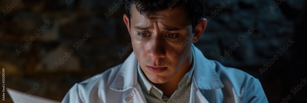 Poster a scientist in a lab coat examines a document with a focused expression, reflecting the dedication a