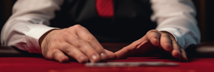Fototapeta premium A close-up shot captures the hands of a dealer poised above a card table, illustrating the tension and anticipation inherent in a thrilling betting scene.