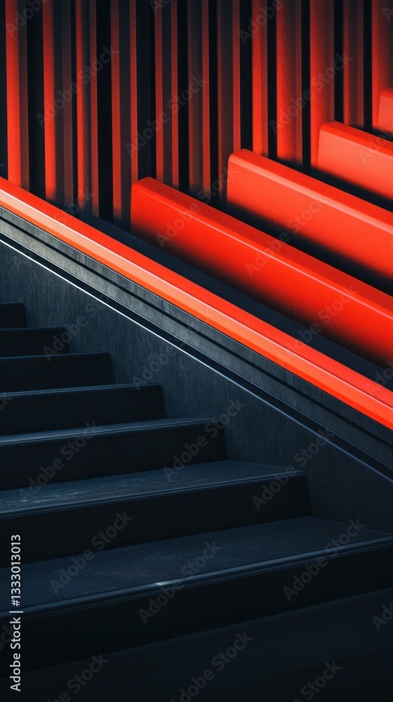 Poster abstract view of illuminated red and black staircase in a modern interior, creating a dramatic atmos
