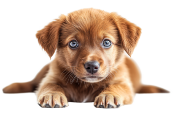 Cute puppy portrait with blue eyes, lying down, cut out transparent