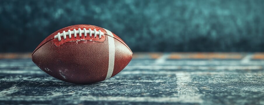 A football rests on a weathered field with a blurred, moody background, signaling the anticipation of the upcoming game.