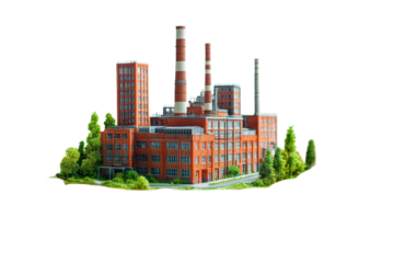Industrial complex with towers, brick facade, trees, cut out transparent