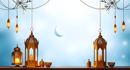 Obraz premium ied adha atmosphere greeting card blue and white background with moon and stars 