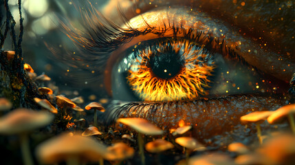 Cosmic eye of the fungi forest psychedelic digital art. Cosmic Mycelium. Illustration