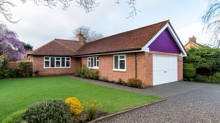 Charming brick bungalow with purple accents, surrounded by lush garden and cloudy sky
