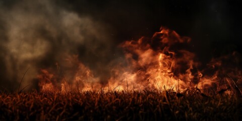 A dramatic depiction of flames engulfing tall grass under a smoky twilight sky, illustrating the intense beauty and danger of natural wildfires in a stark rural landscape.