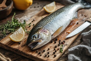 Fresh trout on a wooden board with lemon, spices, and herbs, ready for cooking.