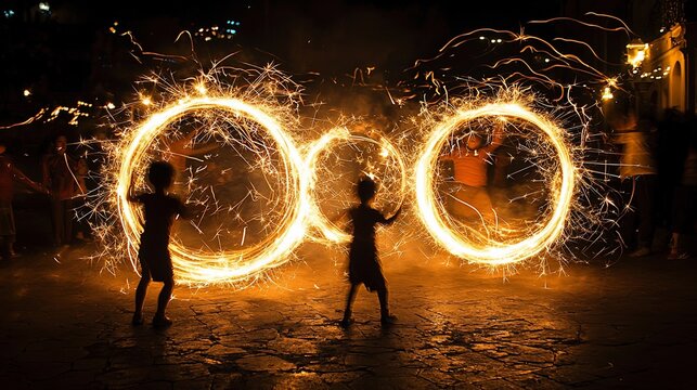 Children playing with fire sparklers at night festival - Powered by Adobe
