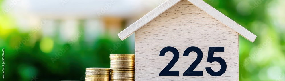 Poster financial crisis concept with declining stack of coins next to a house showing numeric value