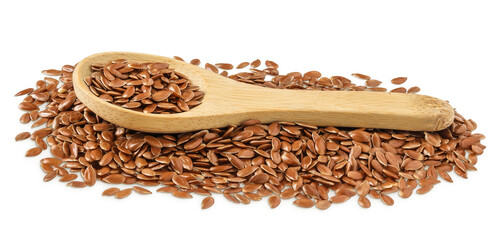 flaxseed in wooden spoon isolated on white background.