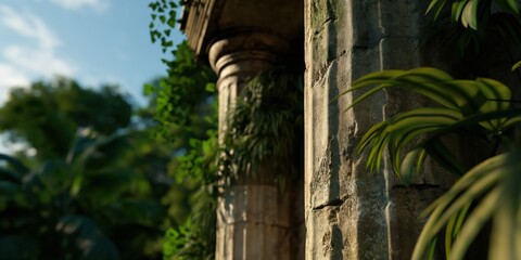 Fototapeta premium Overgrown ancient columns exhibit nature reclaiming its territory, merging architecture with lush greenery that tells a story of time and resilience.