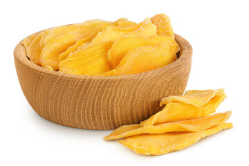 dried mango in wooden bowl isolated on white background