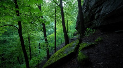 Fototapeta premium Lush forest floor with mossy rock face