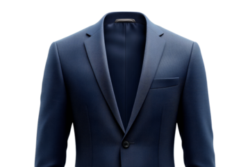 Stylish navy blue suit jacket on black background, cut out transparent
