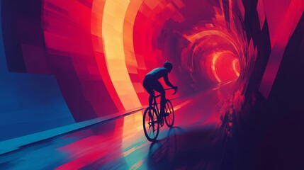 Cyclist speeds through a colorful geometric tunnel.