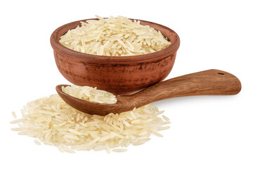 rice basmati in a ceramic bowl and wooden spoon isolated on white background