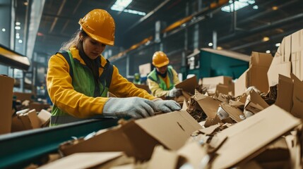 Workers sorting cardboard in recycling facility.