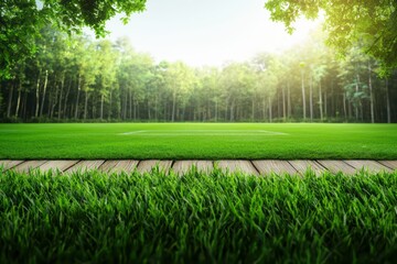 Obraz premium Lush Green Sports Field Surrounded by Tranquil Forest for Unique Outdoor Sporting Events