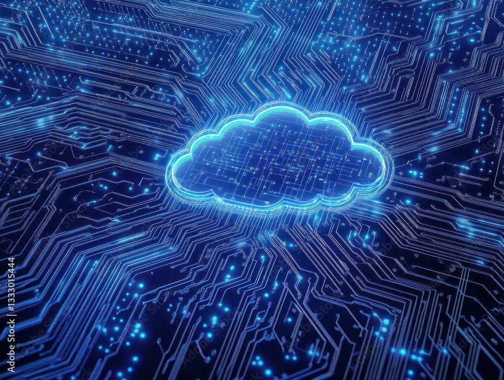 Poster a digital cloud surrounded by intricate circuits, symbolizing cloud computing and technology integra