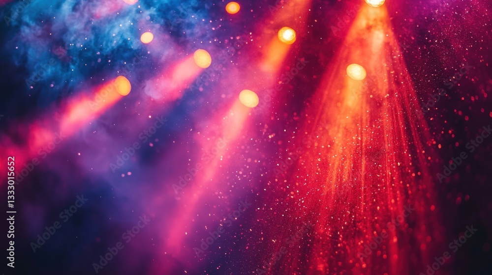 Poster dynamic stage lights and sparkling particle effects in vibrant colors