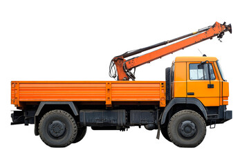 Naklejka premium Orange construction truck with crane arm on black background, cut out transparent