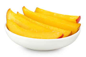 mango slices in ceramic bowl isolated on white background with full depth of field