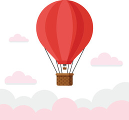 Fototapeta premium Bright red hot air balloon soaring above fluffy pink clouds in a minimal and cheerful design style vector illustration