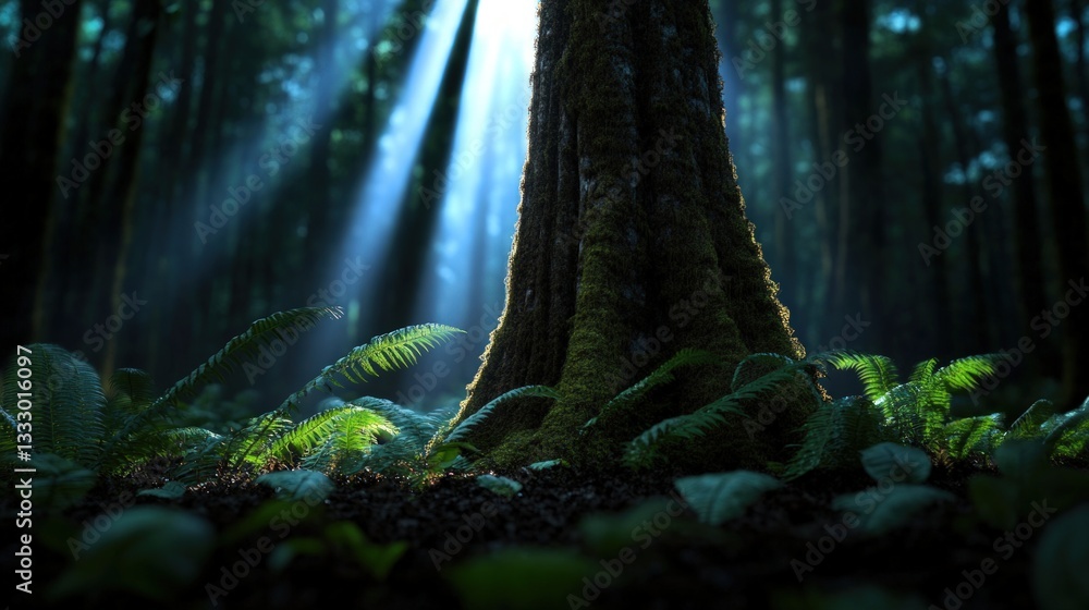 Poster sunlight filtering through a dense forest